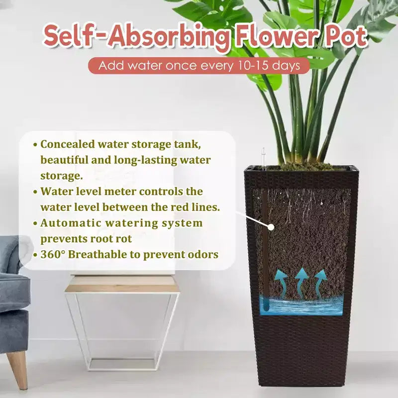 Jardinière à arrosage automatique brune 30 po de haut pour usage extérieur/interieur, grand pot de fleurs en faux rotin avec moniteur d'eau et seau interieur