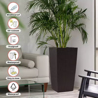 Jardinière à arrosage automatique brune 30 po de haut pour usage extérieur/interieur, grand pot de fleurs en faux rotin avec moniteur d'eau et seau interieur