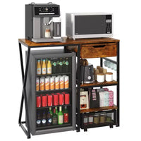 Support de mini-réfrigérateur à 3 niveaux avec prise de courant, panier de rangement et plateforme de travail coulissante - Étagère à micro-ondes/bar à café robuste pour dortoirs