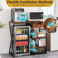 Support de mini-réfrigérateur à 3 niveaux avec prise de courant, panier de rangement et plateforme de travail coulissante - Étagère à micro-ondes/bar à café robuste pour dortoirs