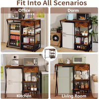 Support de mini-réfrigérateur à 3 niveaux avec prise de courant, panier de rangement et plateforme de travail coulissante - Étagère à micro-ondes/bar à café robuste pour dortoirs