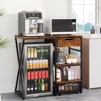 Support de mini-réfrigérateur à 3 niveaux avec prise de courant, panier de rangement et plateforme de travail coulissante - Étagère à micro-ondes/bar à café robuste pour dortoirs