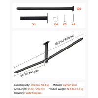 VEVOR Support de Rangement pour 2 Kayaks, Capacité Jusqu'à 113 kg, Rack de Plafond Réglable Robuste pour Garage, Noir