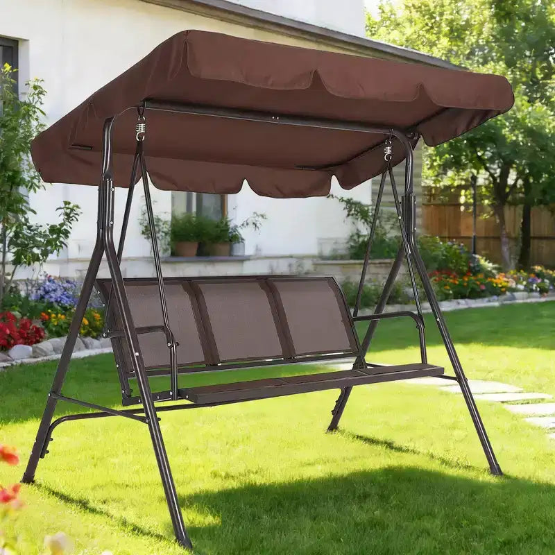 Balancelle de patio extérieure robuste 3 places avec auvent réglable, imperméable et résistante aux UV, pieds antidérapants et crochets à ressort solides, parfaite pour patio