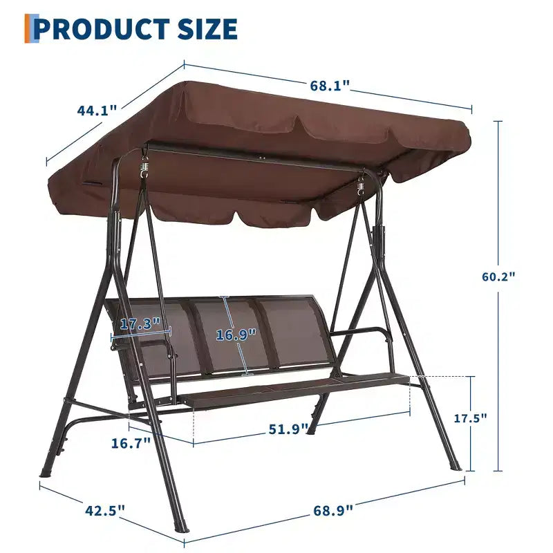 Balancelle de patio extérieure robuste 3 places avec auvent réglable, imperméable et résistante aux UV, pieds antidérapants et crochets à ressort solides, parfaite pour patio