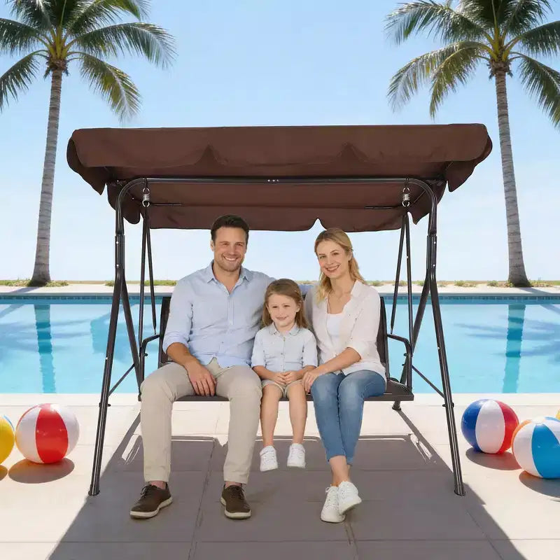 Balancelle de patio extérieure robuste 3 places avec auvent réglable, imperméable et résistante aux UV, pieds antidérapants et crochets à ressort solides, parfaite pour patio