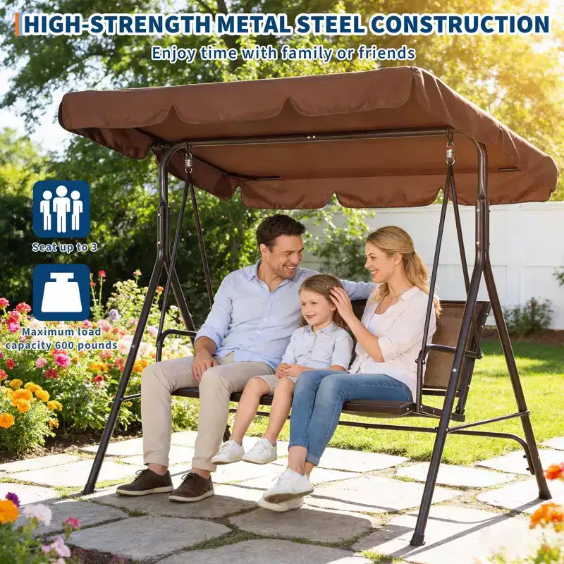 Balancelle de patio extérieure robuste 3 places avec auvent réglable, imperméable et résistante aux UV, pieds antidérapants et crochets à ressort solides, parfaite pour patio