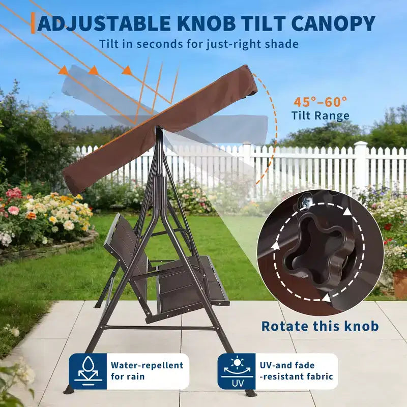 Balancelle de patio extérieure robuste 3 places avec auvent réglable, imperméable et résistante aux UV, pieds antidérapants et crochets à ressort solides, parfaite pour patio