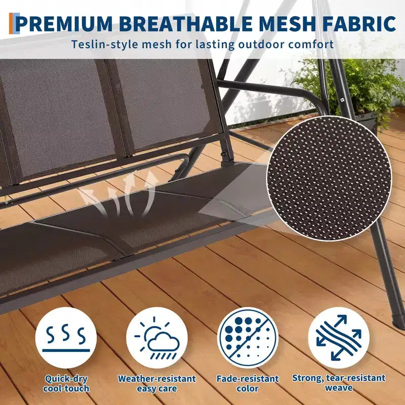 Balancelle de patio extérieure robuste 3 places avec auvent réglable, imperméable et résistante aux UV, pieds antidérapants et crochets à ressort solides, parfaite pour patio