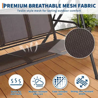 Balancelle de patio extérieure robuste 3 places avec auvent réglable, imperméable et résistante aux UV, pieds antidérapants et crochets à ressort solides, parfaite pour patio