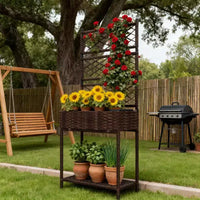 Jardinière autoportante en rotin,pot de fleurs d'extérieur en osier avec treillis pour plantes grimpantes,avec étagère de rangement