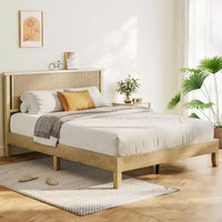Dyonery - Cadre de lit en bois taille Queen, lit plateforme avec haute tête de lit, support à lattes en bois massif, support de matelas sans bruit, sans sommier requis