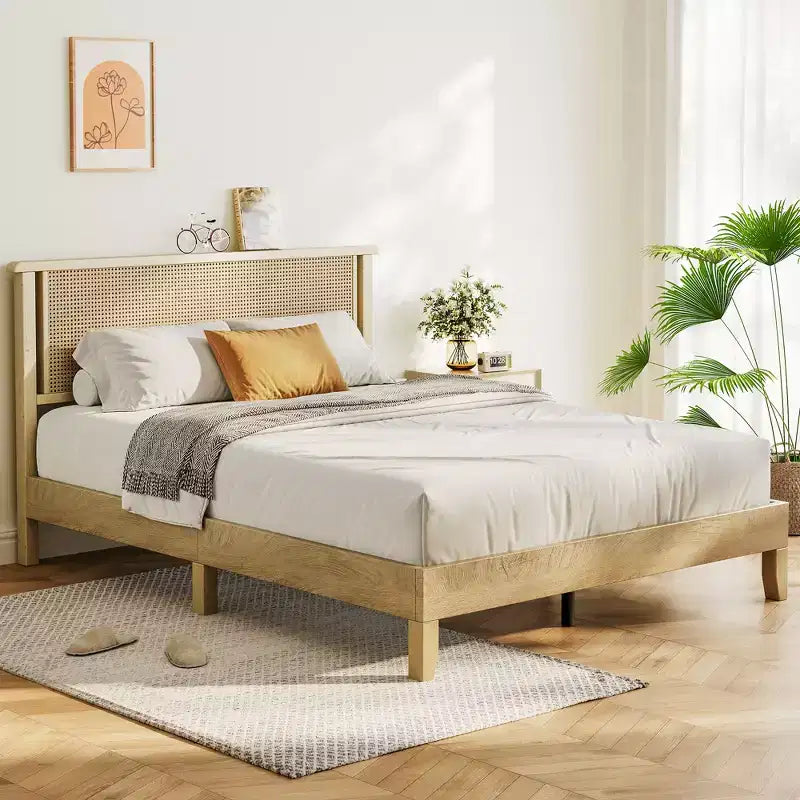Dyonery - Cadre de lit en bois taille Queen, lit plateforme avec haute tête de lit, support à lattes en bois massif, support de matelas sans bruit, sans sommier requis
