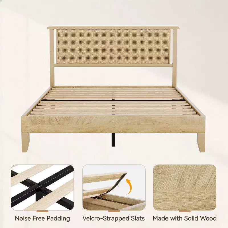 Dyonery - Cadre de lit en bois taille Queen, lit plateforme avec haute tête de lit, support à lattes en bois massif, support de matelas sans bruit, sans sommier requis