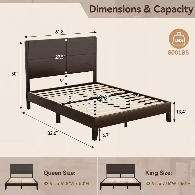 Dyonery - Cadre de lit en bois taille Queen, lit plateforme avec haute tête de lit, support à lattes en bois massif, support de matelas sans bruit, sans sommier requis