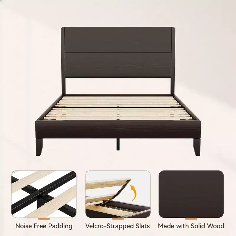 Dyonery - Cadre de lit en bois taille Queen, lit plateforme avec haute tête de lit, support à lattes en bois massif, support de matelas sans bruit, sans sommier requis