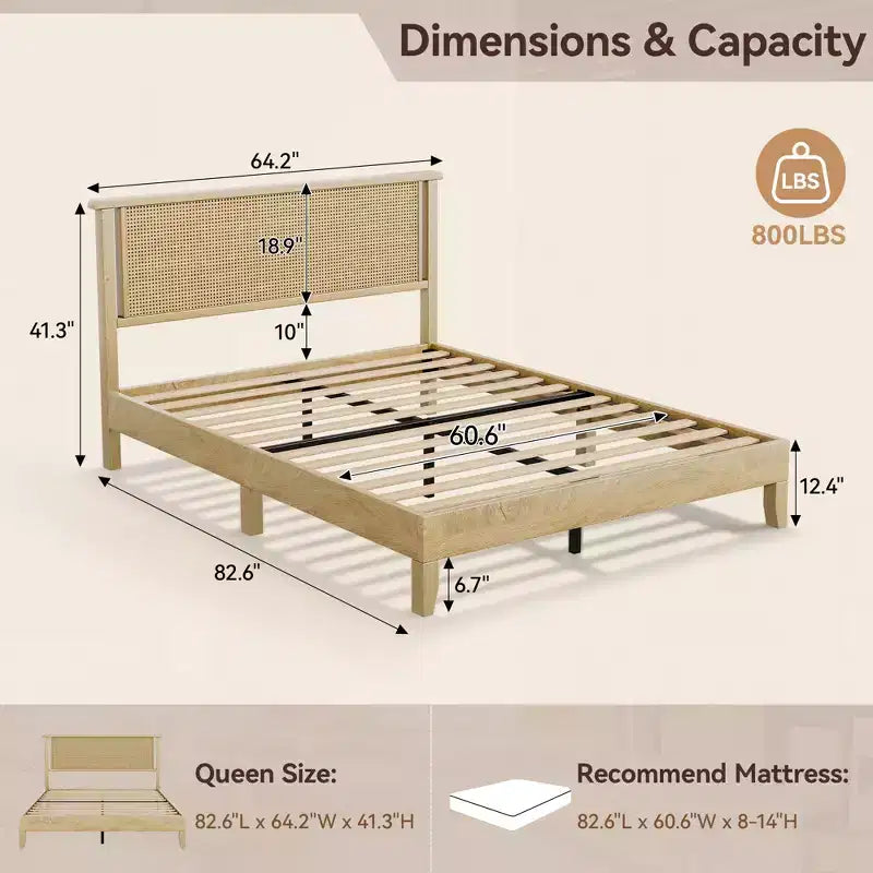 Dyonery - Cadre de lit en bois taille Queen, lit plateforme avec haute tête de lit, support à lattes en bois massif, support de matelas sans bruit, sans sommier requis