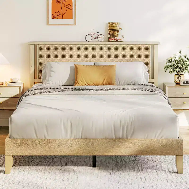 Cadre de lit Queen en bois Dyonery, lit plateforme avec tête de lit haute, support à lattes en bois massif, fondation de matelas silencieuse, pas besoin de sommier tapissier