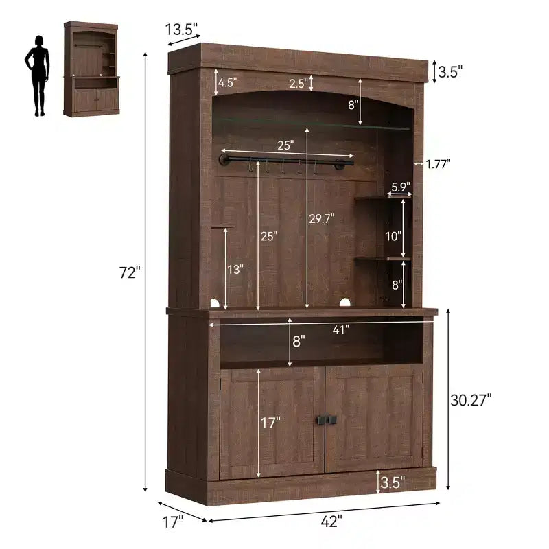 Meuble bar à café 72 style farmhouse avec éclairage LED - buffet desserte haut avec range-vin et étagère en verre, support micro-ondes, garde-manger pour cuisine/salle à manger