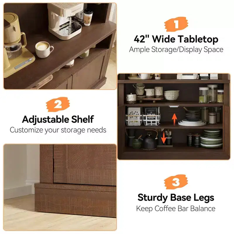 Meuble bar à café 72 style farmhouse avec éclairage LED - buffet desserte haut avec range-vin et étagère en verre, support micro-ondes, garde-manger pour cuisine/salle à manger