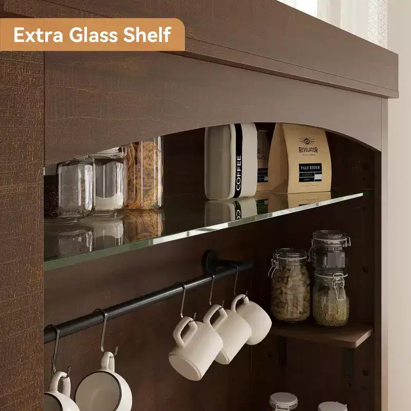 Meuble bar à café 72 style farmhouse avec éclairage LED - buffet desserte haut avec range-vin et étagère en verre, support micro-ondes, garde-manger pour cuisine/salle à manger