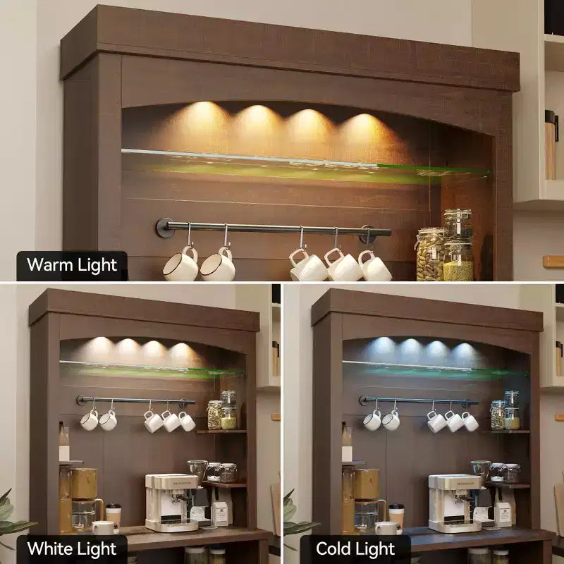 Meuble bar à café 72 style farmhouse avec éclairage LED - buffet desserte haut avec range-vin et étagère en verre, support micro-ondes, garde-manger pour cuisine/salle à manger