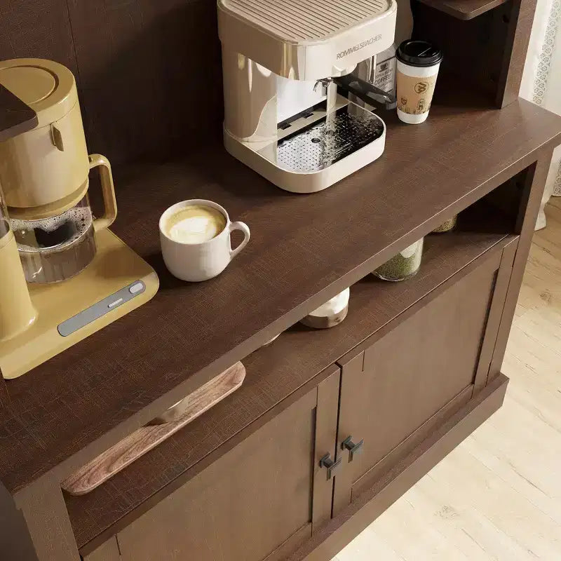 Meuble bar à café 72 style farmhouse avec éclairage LED - buffet desserte haut avec range-vin et étagère en verre, support micro-ondes, garde-manger pour cuisine/salle à manger