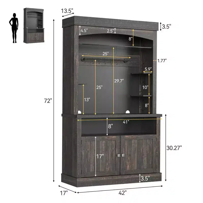 Meuble bar à café 72 style farmhouse avec éclairage LED - buffet desserte haut avec range-vin et étagère en verre, support micro-ondes, garde-manger pour cuisine/salle à manger