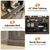 Meuble bar à café 72 style farmhouse avec éclairage LED - buffet desserte haut avec range-vin et étagère en verre, support micro-ondes, garde-manger pour cuisine/salle à manger