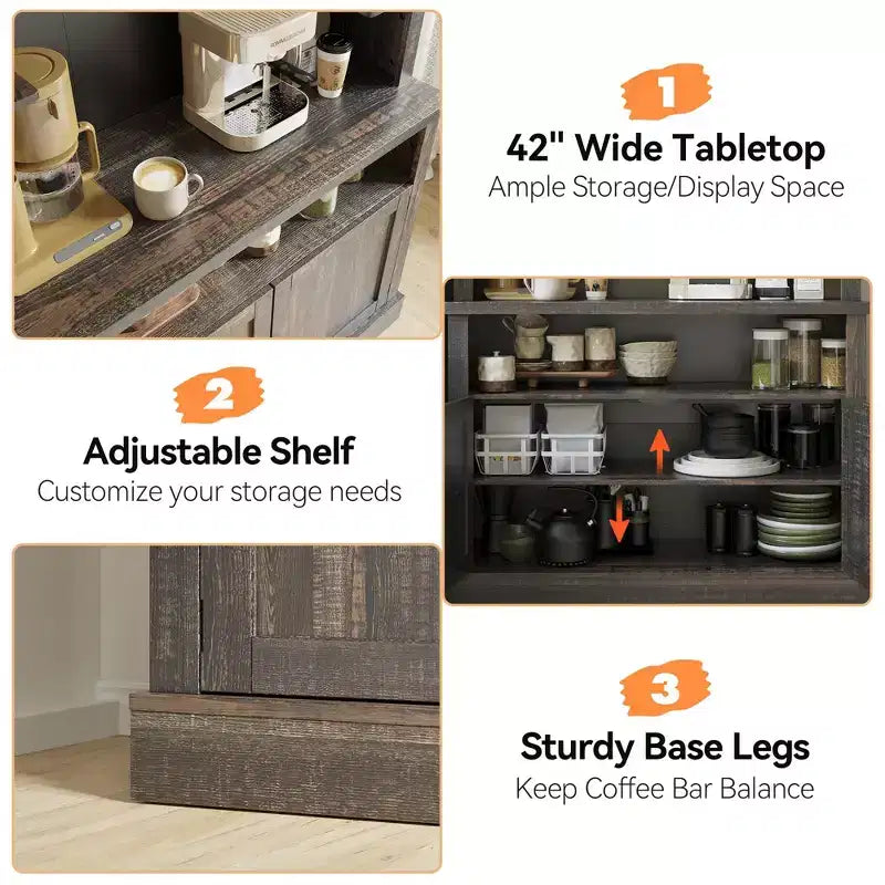 Meuble bar à café 72 style farmhouse avec éclairage LED - buffet desserte haut avec range-vin et étagère en verre, support micro-ondes, garde-manger pour cuisine/salle à manger
