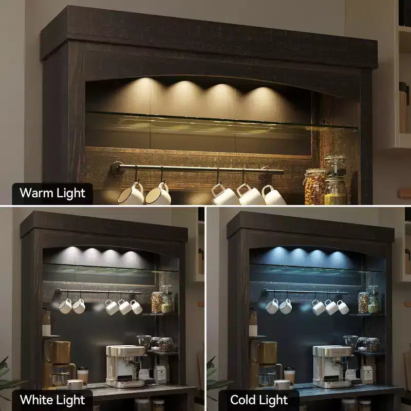 Meuble bar à café 72 style farmhouse avec éclairage LED - buffet desserte haut avec range-vin et étagère en verre, support micro-ondes, garde-manger pour cuisine/salle à manger