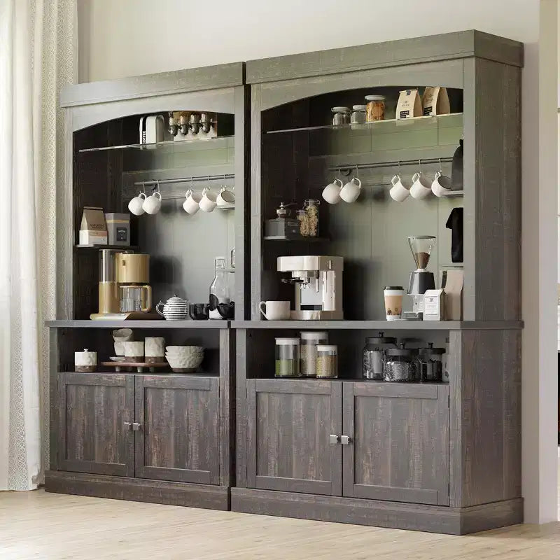 Meuble bar à café 72 style farmhouse avec éclairage LED - buffet desserte haut avec range-vin et étagère en verre, support micro-ondes, garde-manger pour cuisine/salle à manger