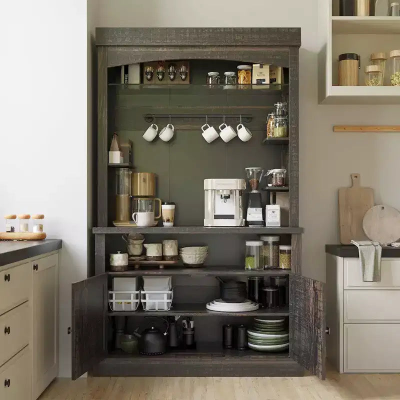 Meuble bar à café 72 style farmhouse avec éclairage LED - buffet desserte haut avec range-vin et étagère en verre, support micro-ondes, garde-manger pour cuisine/salle à manger