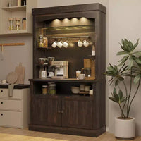 Meuble bar à café 72 style farmhouse avec éclairage LED - buffet desserte haut avec range-vin et étagère en verre, support micro-ondes, garde-manger pour cuisine/salle à manger