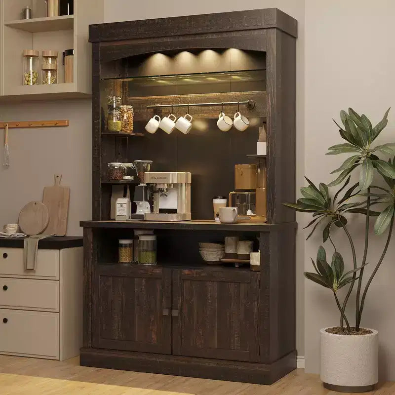 Meuble bar à café 72 style farmhouse avec éclairage LED - buffet desserte haut avec range-vin et étagère en verre, support micro-ondes, garde-manger pour cuisine/salle à manger