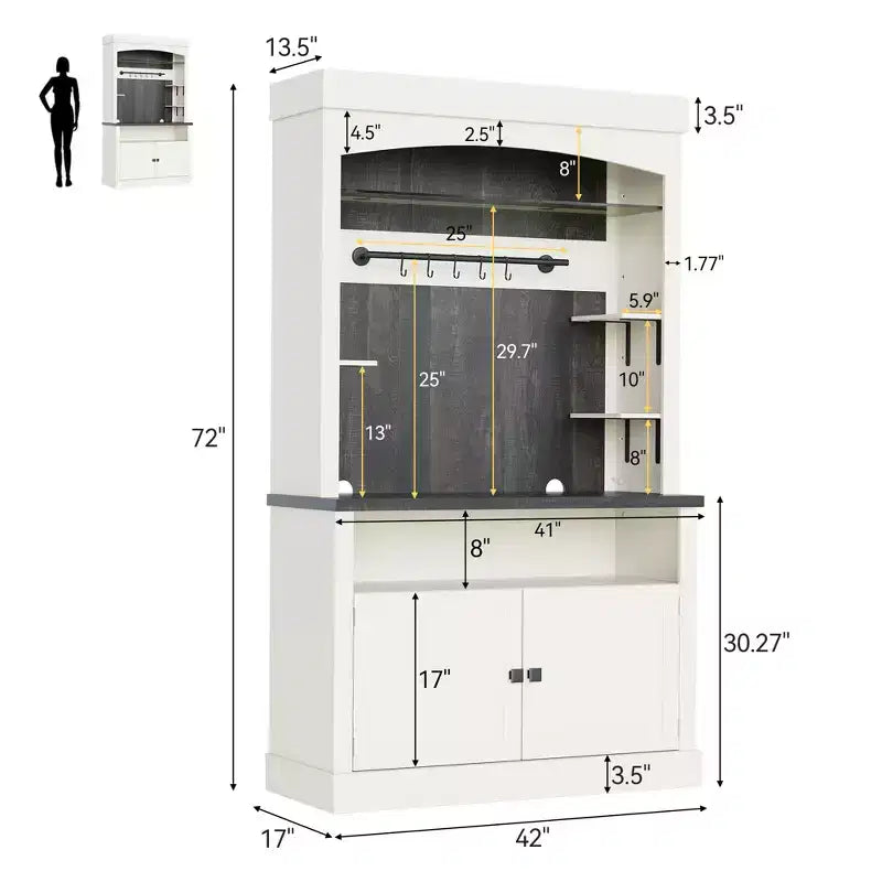 Meuble bar à café 72 style farmhouse avec éclairage LED - buffet desserte haut avec range-vin et étagère en verre, support micro-ondes, garde-manger pour cuisine/salle à manger