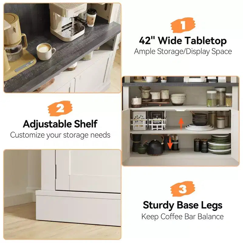 Meuble bar à café 72 style farmhouse avec éclairage LED - buffet desserte haut avec range-vin et étagère en verre, support micro-ondes, garde-manger pour cuisine/salle à manger