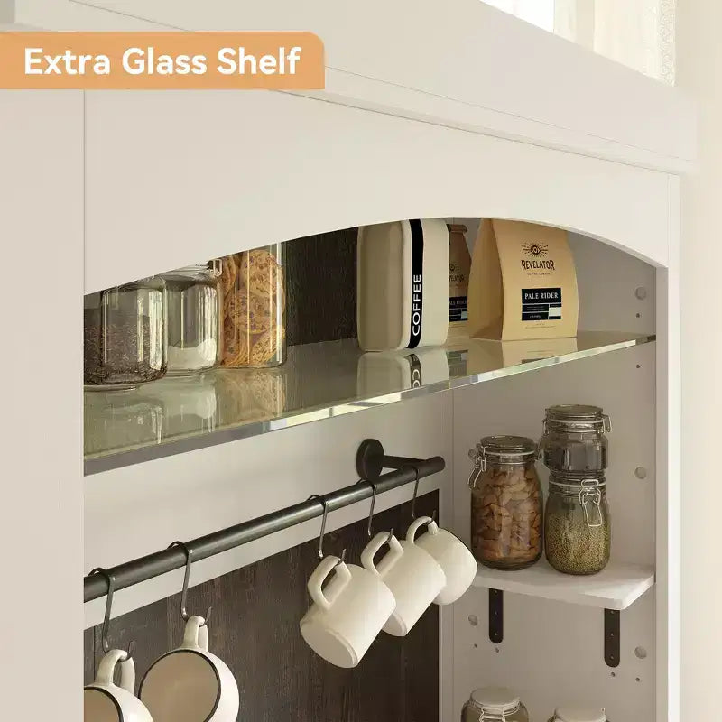 Meuble bar à café 72 style farmhouse avec éclairage LED - buffet desserte haut avec range-vin et étagère en verre, support micro-ondes, garde-manger pour cuisine/salle à manger