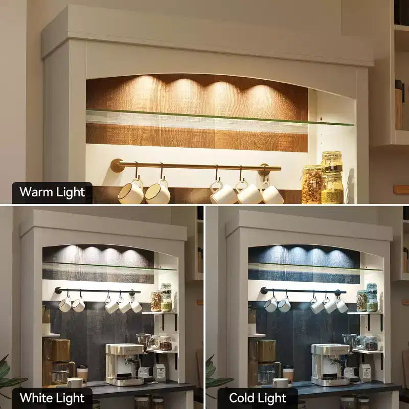 Meuble bar à café 72 style farmhouse avec éclairage LED - buffet desserte haut avec range-vin et étagère en verre, support micro-ondes, garde-manger pour cuisine/salle à manger