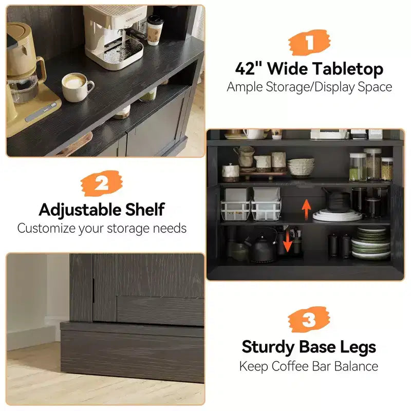 Meuble bar à café 72 style farmhouse avec éclairage LED - buffet desserte haut avec range-vin et étagère en verre, support micro-ondes, garde-manger pour cuisine/salle à manger