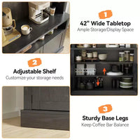 Meuble bar à café 72 style farmhouse avec éclairage LED - buffet desserte haut avec range-vin et étagère en verre, support micro-ondes, garde-manger pour cuisine/salle à manger