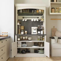 Meuble bar à café 72 style farmhouse avec éclairage LED - buffet desserte haut avec range-vin et étagère en verre, support micro-ondes, garde-manger pour cuisine/salle à manger