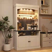 Meuble bar à café 72 style farmhouse avec éclairage LED - buffet desserte haut avec range-vin et étagère en verre, support micro-ondes, garde-manger pour cuisine/salle à manger