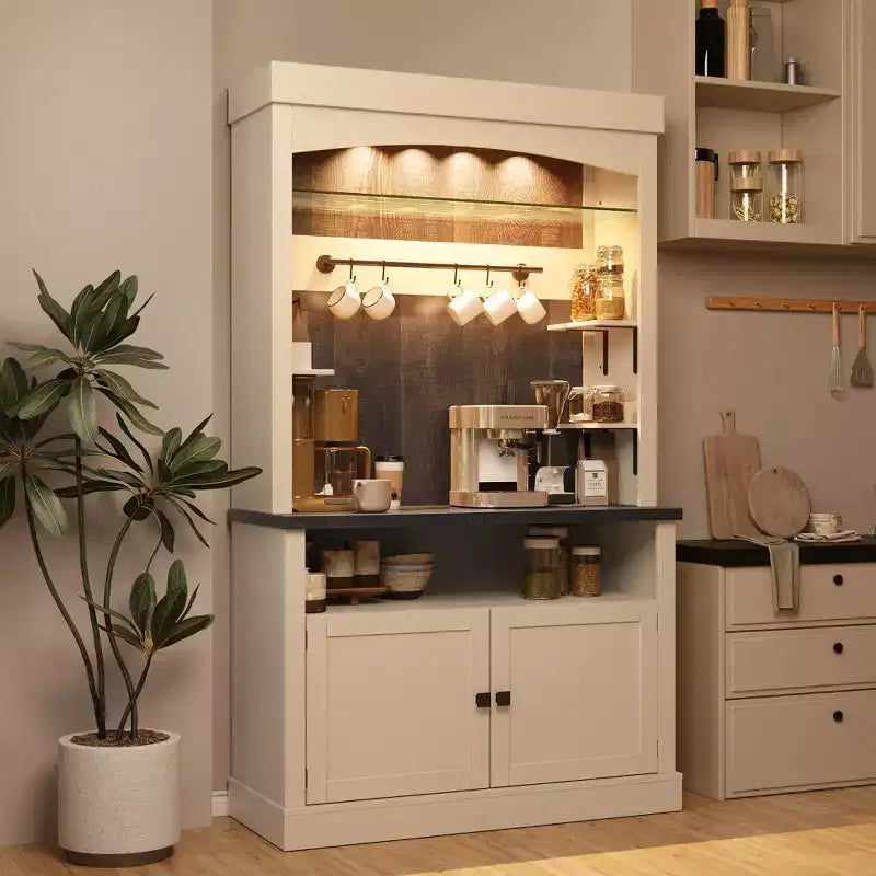 Meuble bar à café 72 style farmhouse avec éclairage LED - buffet desserte haut avec range-vin et étagère en verre, support micro-ondes, garde-manger pour cuisine/salle à manger
