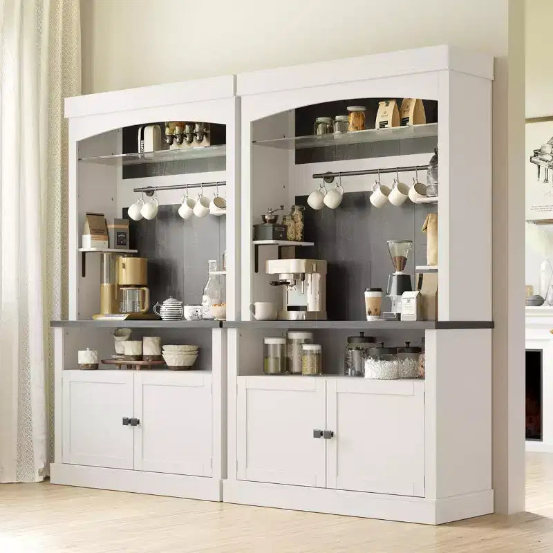 Meuble bar à café 72 style farmhouse avec éclairage LED - buffet desserte haut avec range-vin et étagère en verre, support micro-ondes, garde-manger pour cuisine/salle à manger