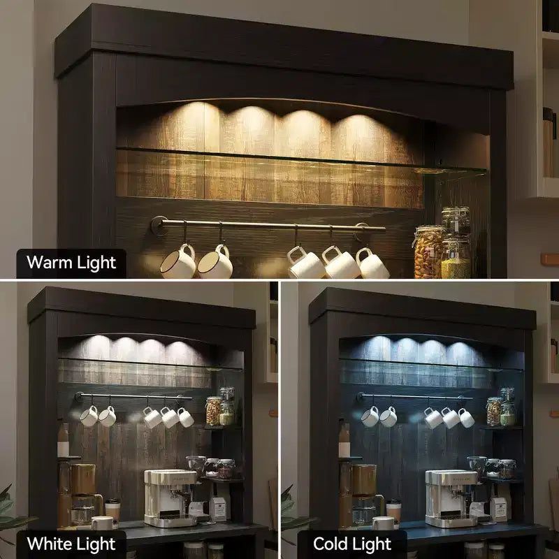 Meuble bar à café 72 style farmhouse avec éclairage LED - buffet desserte haut avec range-vin et étagère en verre, support micro-ondes, garde-manger pour cuisine/salle à manger
