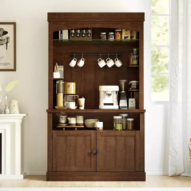 Meuble bar à café 72 style farmhouse avec éclairage LED - buffet desserte haut avec range-vin et étagère en verre, support micro-ondes, garde-manger pour cuisine/salle à manger