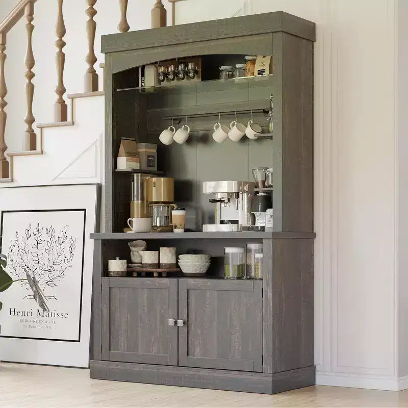Meuble bar à café 72 style farmhouse avec éclairage LED - buffet desserte haut avec range-vin et étagère en verre, support micro-ondes, garde-manger pour cuisine/salle à manger