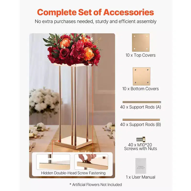 VEVOR Présentoir à fleurs de mariage, 10 colonnes de présentoir à fleurs 23,62 pouces, supports floraux avec plateau en métal, présentoir floral cylindrique cubique, Or