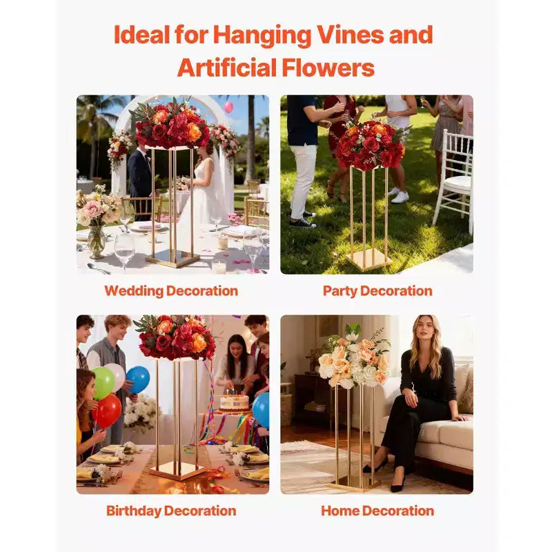 VEVOR Présentoir à fleurs de mariage, 10 colonnes de présentoir à fleurs 23,62 pouces, supports floraux avec plateau en métal, présentoir floral cylindrique cubique, Or